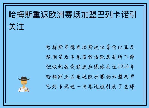 哈梅斯重返欧洲赛场加盟巴列卡诺引关注 哈梅斯重返欧洲赛场加盟巴列卡诺引关注